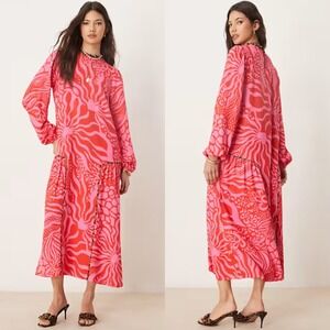Never Fully Dressed Pink Red Oversized Drop Hem Midi Maxi Dress Size 14